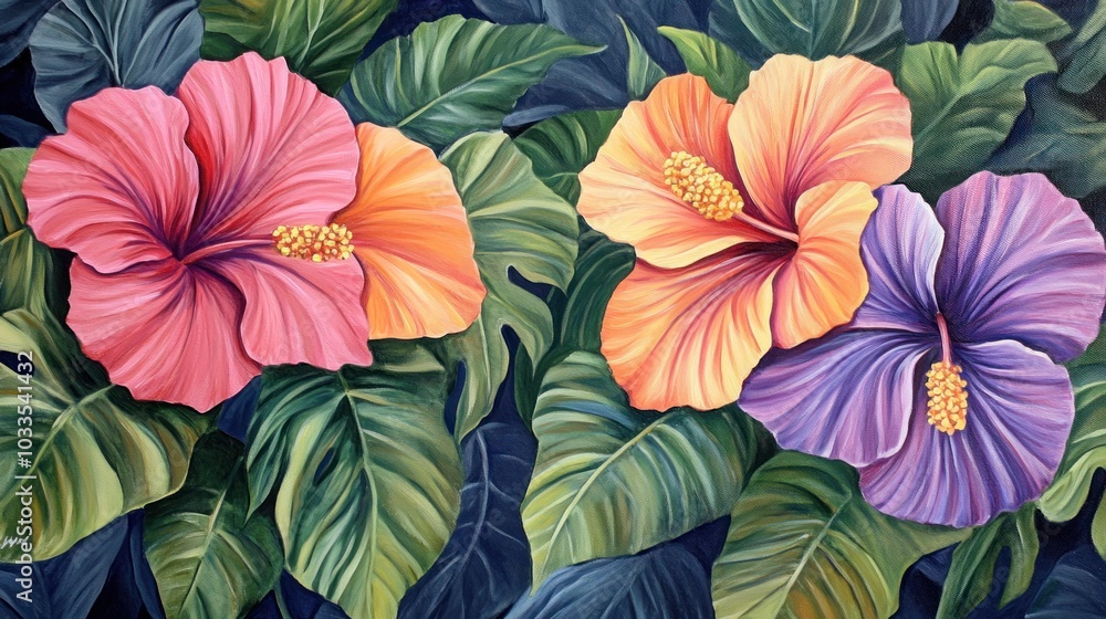 custom made wallpaper toronto digitalA vibrant painting featuring three hibiscus flowers in shades of pink, orange, and purple, set against a backdrop of lush green leaves.