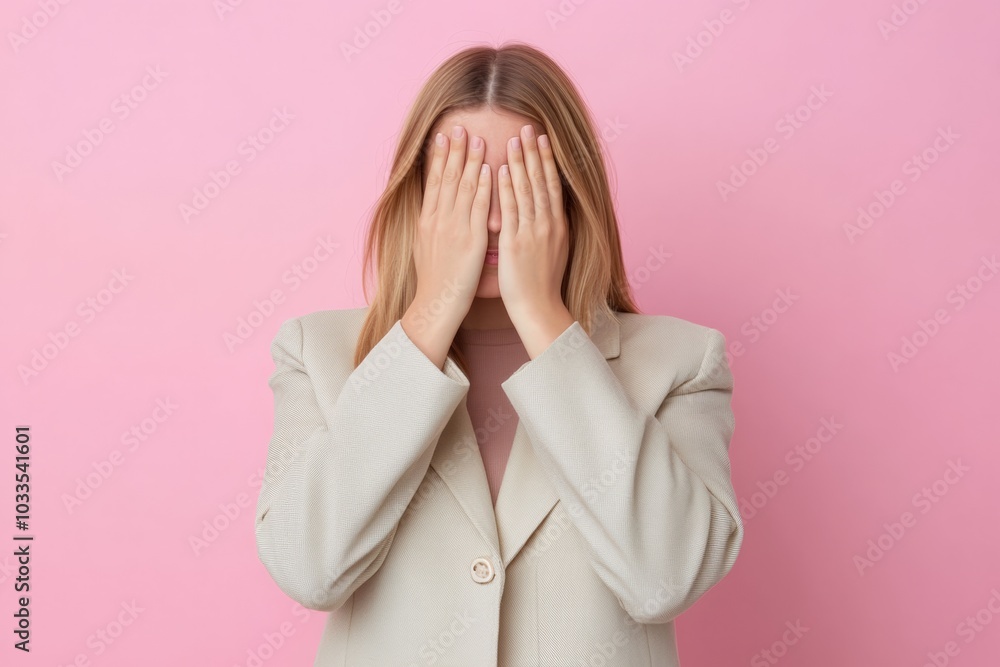 Woman in a cozy blue sweater covering her face with both hands in a gesture of shyness or playfulness against a plain white background. Woman in a cozy blue sweater covering her face with both hands in a gesture of shyness or playfulness against a plain white background.