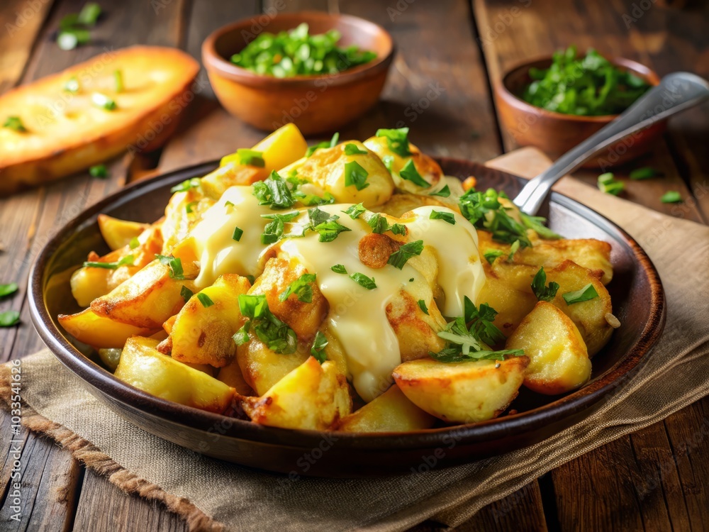 Delicious Candid Shot of Crispy Fried Potatoes with Melted Cheese, Perfectly Golden and Tempting, Ideal for Food Lovers and Culinary Enthusiasts, Gourmet Snack Photography Delicious Candid Shot of Crispy Fried Potatoes with Melted Cheese, Perfectly Golden and Tempting, Ideal for Food Lovers and Culinary Enthusiasts, Gourmet Snack Photography