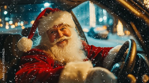 Santa Claus Driving Through a Snowy Winter Night in a Festive Car