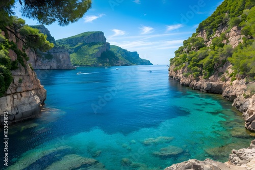 Turquoise waters, towering cliffs, boats navigating calm sea, serene coastal beauty