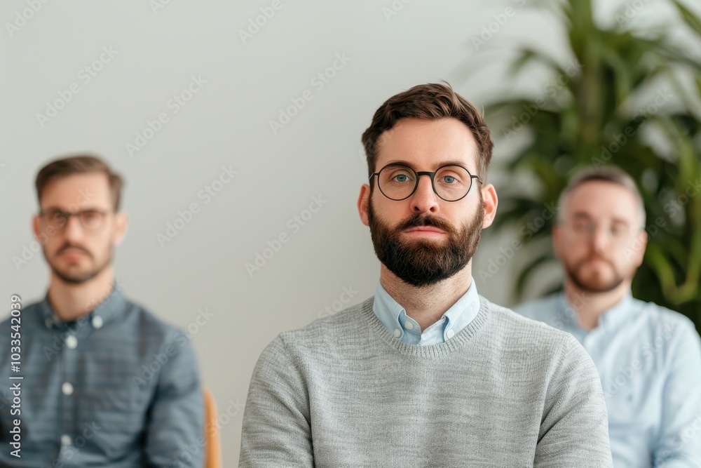 Three bearded men in a modern office setting, focusing intently. A sense of concentration and teamwork fills the environment. Three bearded men in a modern office setting, focusing intently. A sense of concentration and teamwork fills the environment.