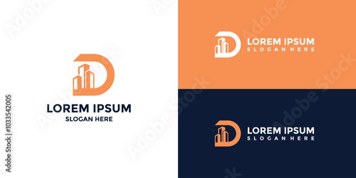 letter D logo with building combination