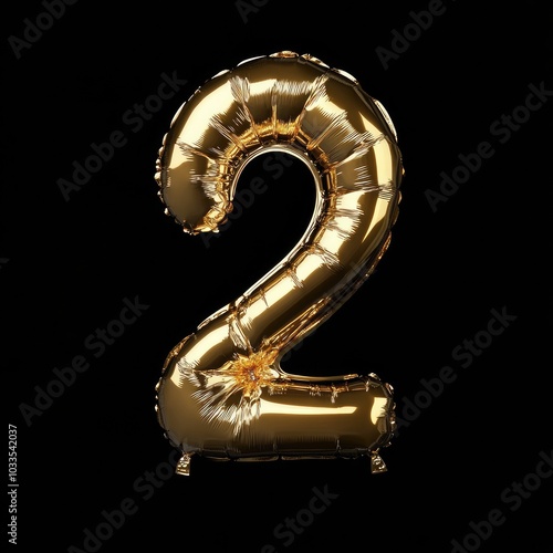 A gold foil balloon shaped as the number two, isolated against a black background.