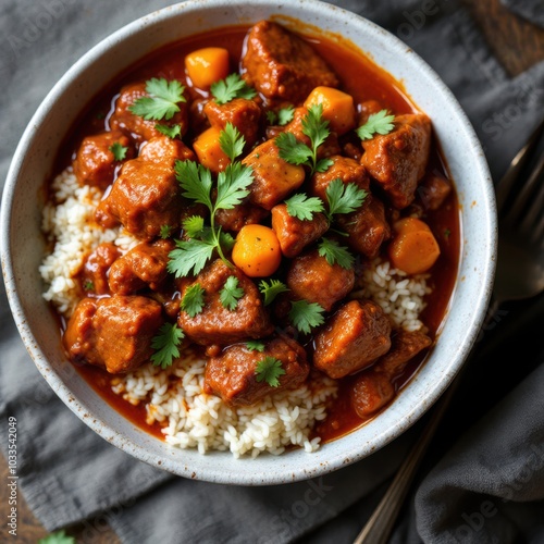 Beef Stew with Carrots and Parsley Served on Rice