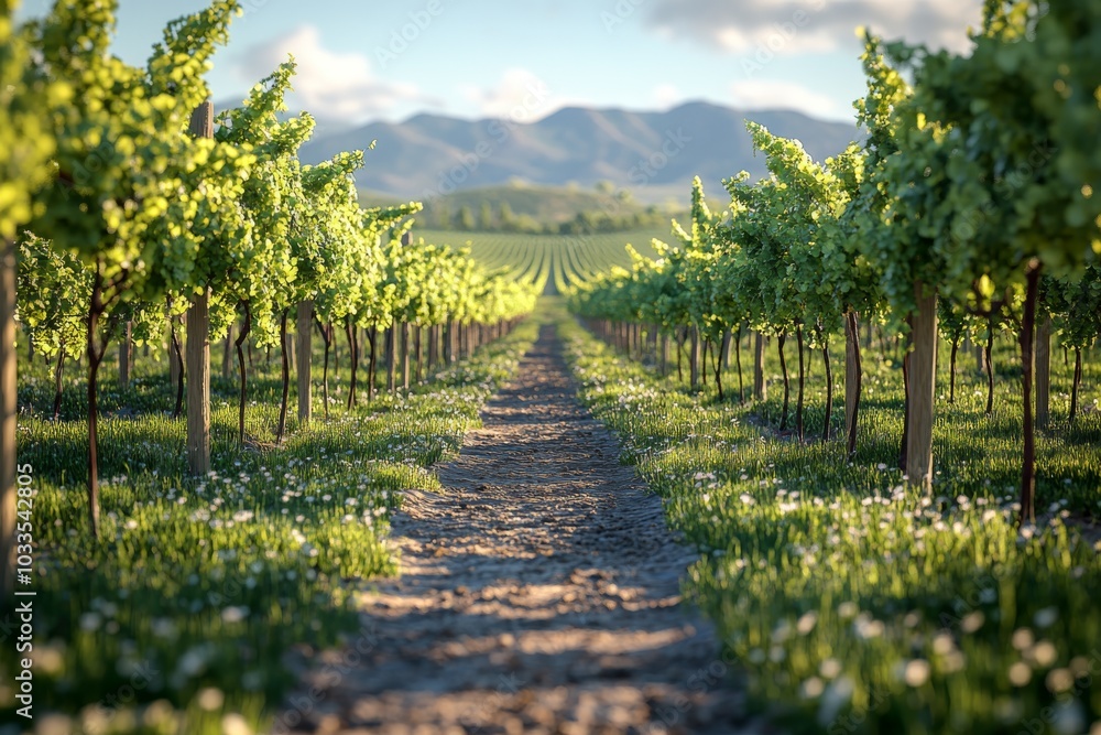 Obraz premium Vineyard Path Landscape with Green Vines and Mountains in Background
