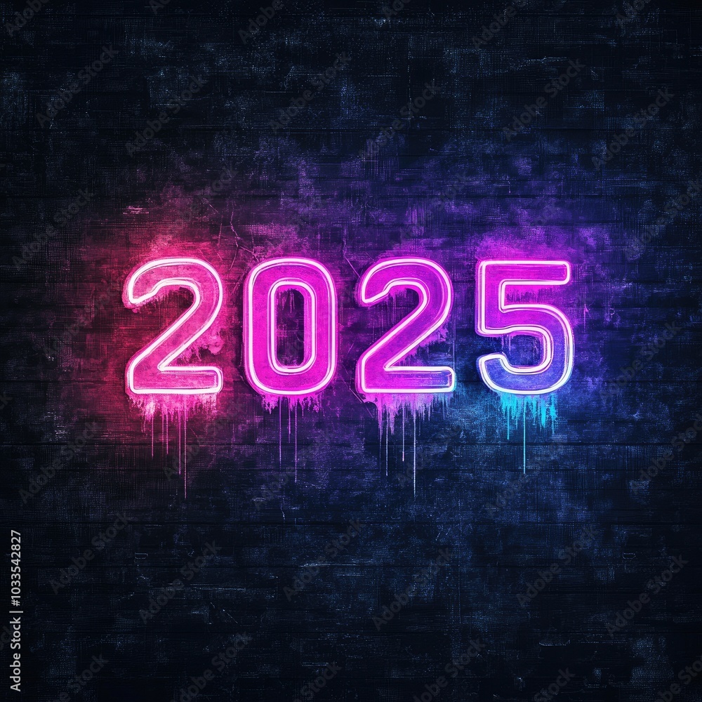 The image shows a neon sign of the year 2025 with pink and blue light, dripping with a glittery effect, on a dark wood background. The image shows a neon sign of the year 2025 with pink and blue light, dripping with a glittery effect, on a dark wood background.