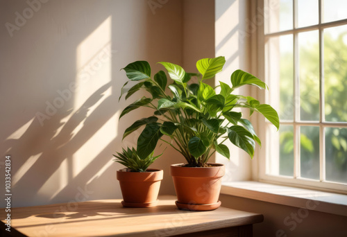 Pot with green house plant on table illuminated by sun rays