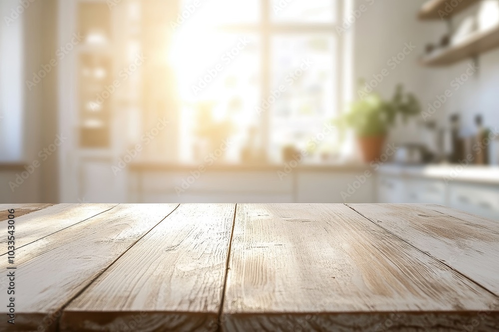 A close-up of a wooden tabletop in a kitchen with blurred background. A close-up of a wooden tabletop in a kitchen with blurred background.