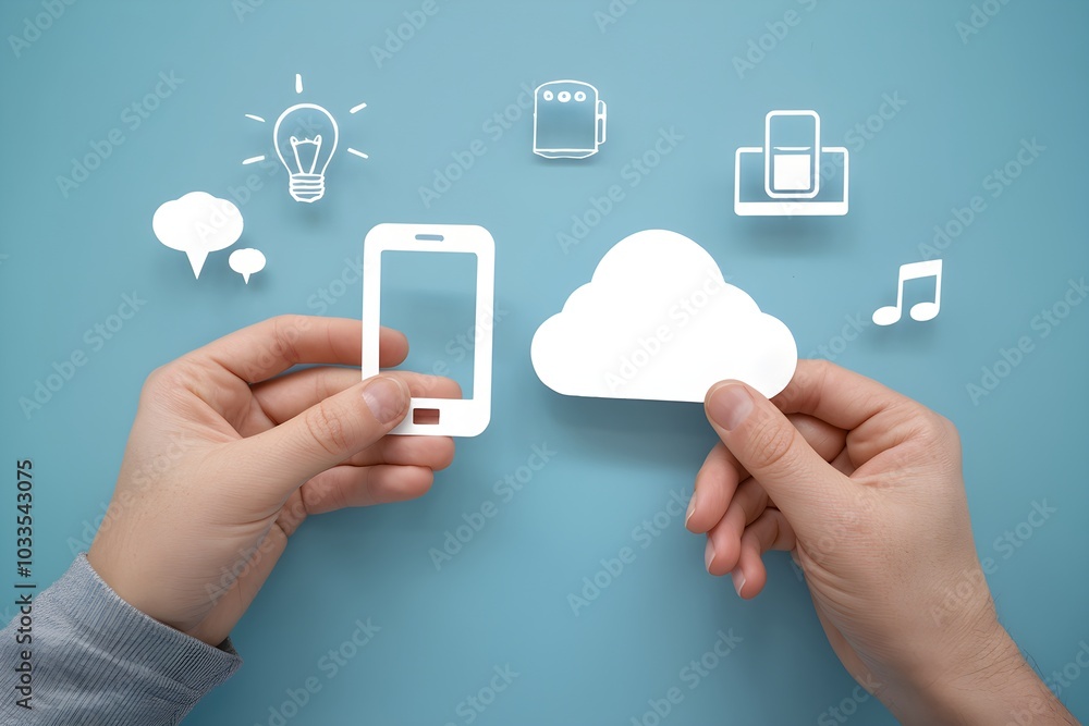 Hands hold smartphone, cloud cutouts, icons suggest digital connectivity theme Hands hold smartphone, cloud cutouts, icons suggest digital connectivity theme