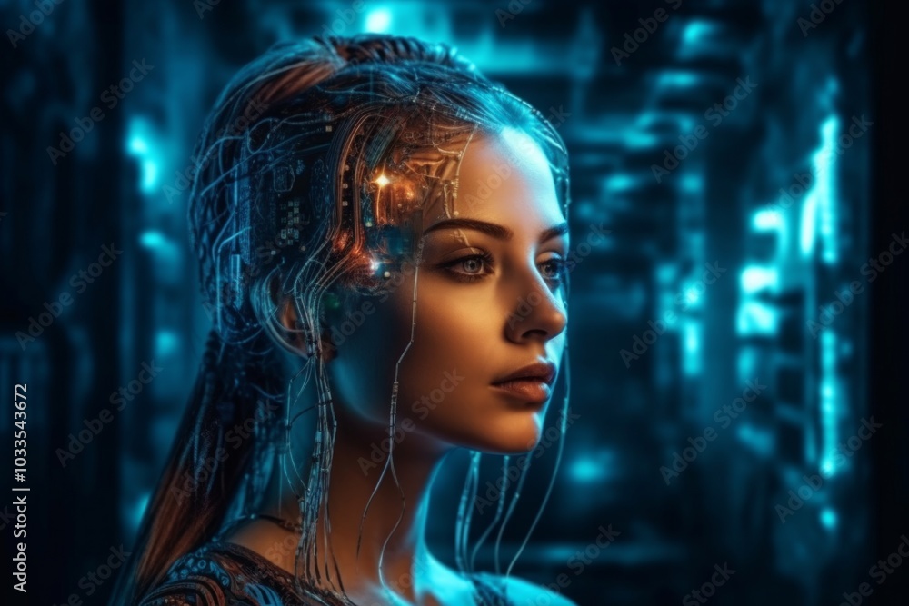 Close-up of a woman with glowing wires connecting to her head in a futuristic setting. AI generative. . Close-up of a woman with glowing wires connecting to her head in a futuristic setting. AI generative. .