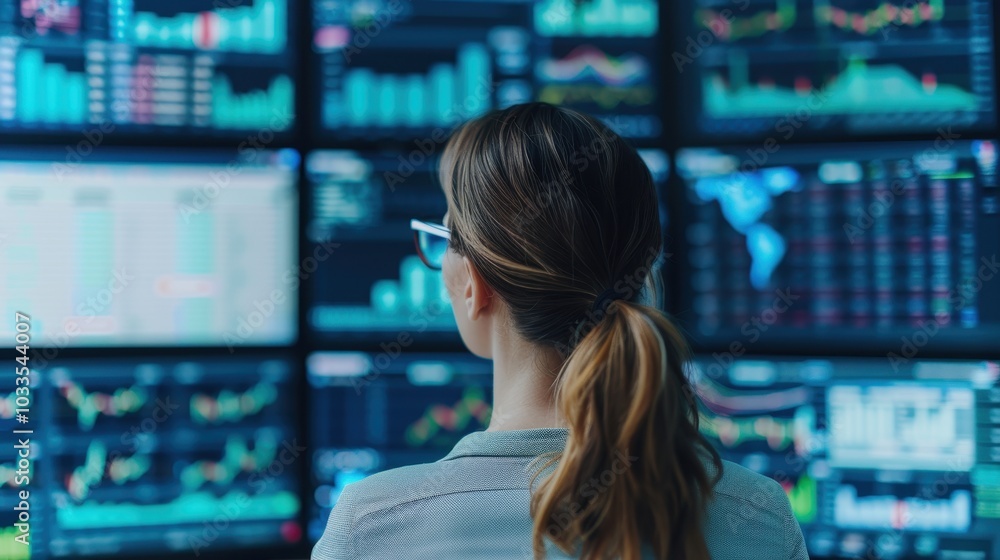 Woman analyzing stock market data on multiple monitors, focusing on economic trends and financial analysis in a modern office setting.