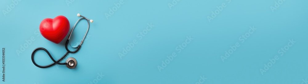 Red heart with stethoscope on blue background, symbolizing cardiology and focus on heart health within healthcare. Red heart with stethoscope on blue background, symbolizing cardiology and focus on heart health within healthcare.
