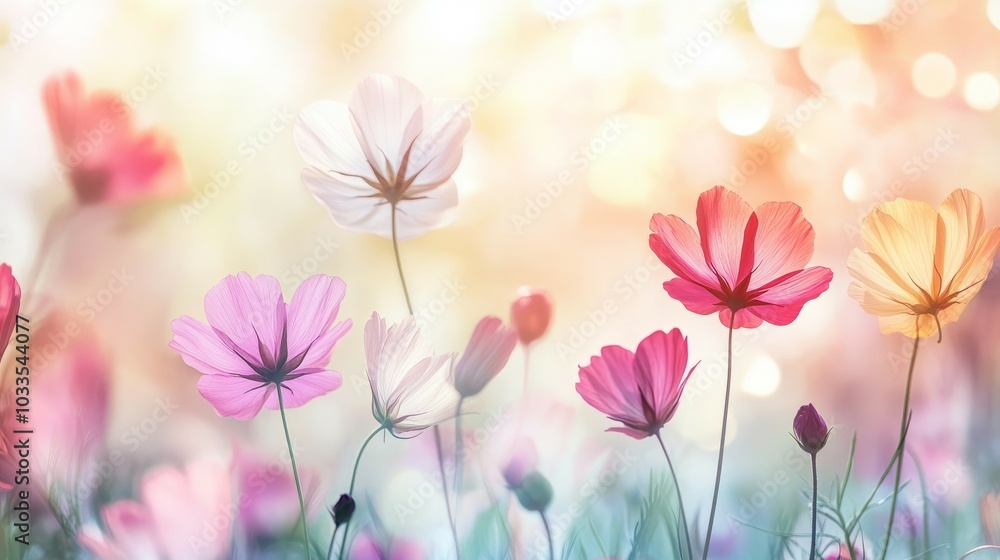 Blooming flowers field. Pastel-toned cosmos flowers in a field, soft light, delicate beauty, symbolizes hope and new beginnings. Blooming flowers field. Pastel-toned cosmos flowers in a field, soft light, delicate beauty, symbolizes hope and new beginnings.
