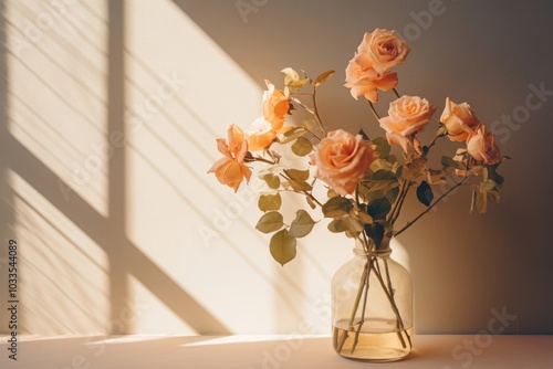 Fototapeta Naklejka Na Ścianę i Meble -  Beautiful blooming roses in vase flower plant wall.