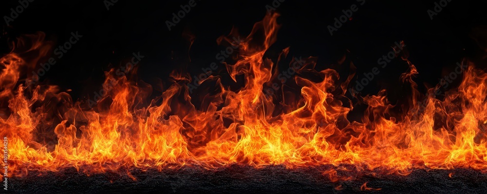 A fiery explosion of flames rising against a black background, with glowing orange and red tones, evoking heat and power A fiery explosion of flames rising against a black background, with glowing orange and red tones, evoking heat and power