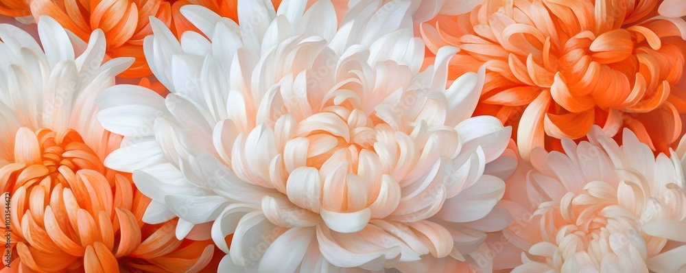 A close-up of white and orange chrysanthemums, capturing their vibrant colors and textures A close-up of white and orange chrysanthemums, capturing their vibrant colors and textures