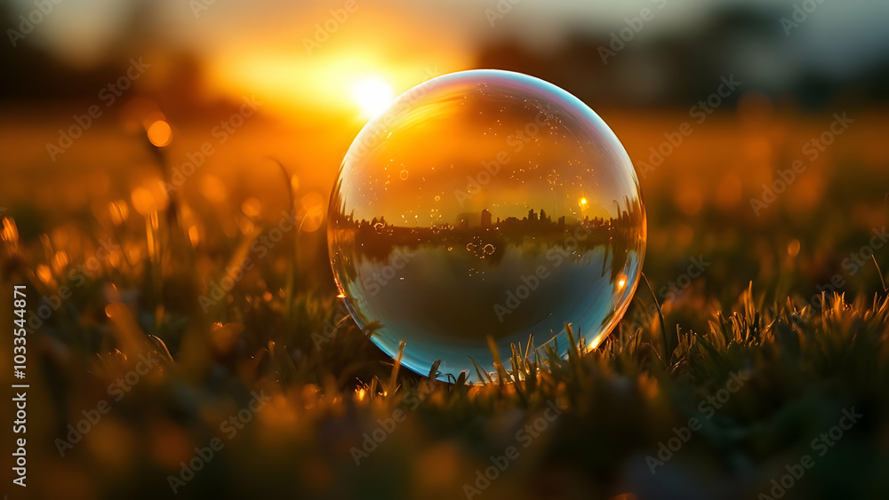 Sunset Reflection in a Crystal Sphere over Grass Sunset Reflection in a Crystal Sphere over Grass