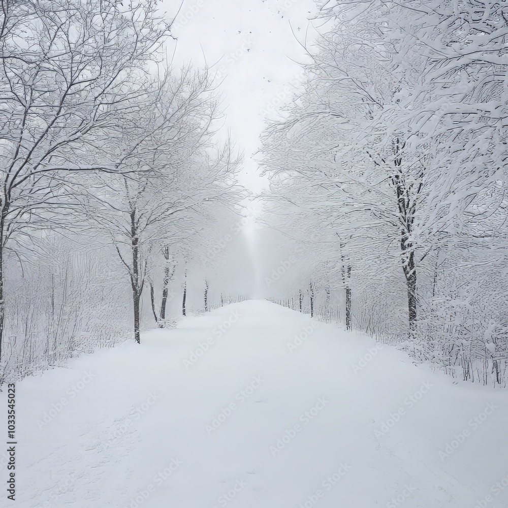 A serene winter landscape with snow-covered trees lining a path. A serene winter landscape with snow-covered trees lining a path.