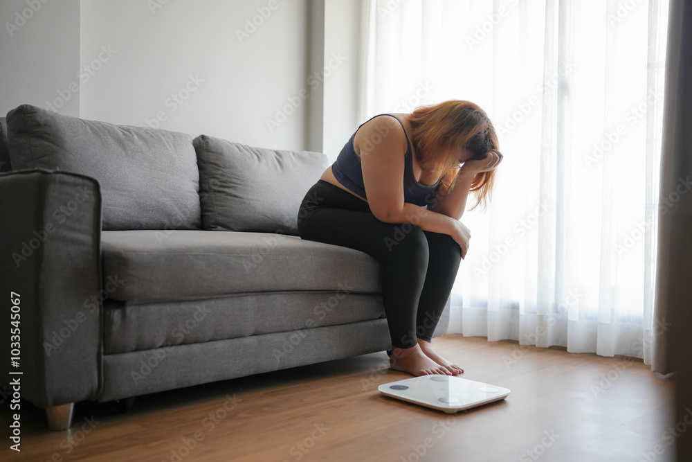 Sad fat woman with fat upset bored of dieting Weight loss fail Fat diet and scale sad Obese asian female on weight scale at home weight control Sad fat woman with fat upset bored of dieting Weight loss fail Fat diet and scale sad Obese asian female on weight scale at home weight control