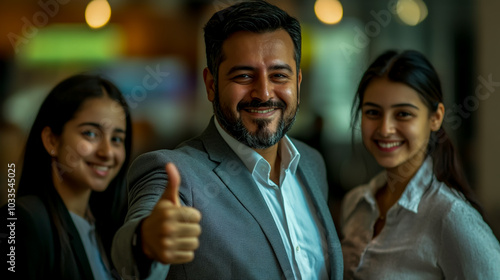 A handsome businessman in his late thirties with dark hair and a short beard, wearing a gray suit and giving a thumbs-up. photo