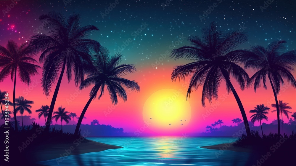 Tropical sunset with palm trees, vibrant colors, serene ocean view Tropical sunset with palm trees, vibrant colors, serene ocean view