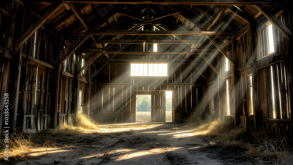 Abandoned Barn with Sunbeams and Dusty Floor Abandoned Barn with Sunbeams and Dusty Floor