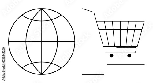 Outline drawings of a globe and a shopping cart are side by side. Ideal for global commerce, online shopping, international trade, logistics, and consumer behavior themes. Simple, minimal, modern