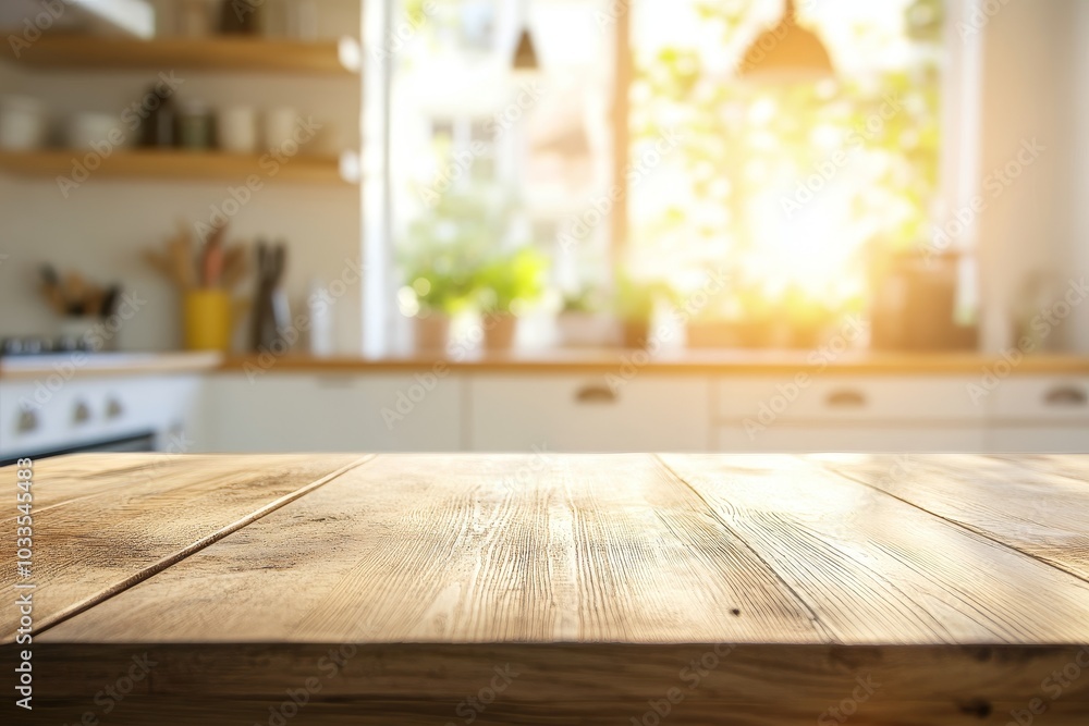 Wooden table top with blurred background of a bright, sunny kitchen. Wooden table top with blurred background of a bright, sunny kitchen.