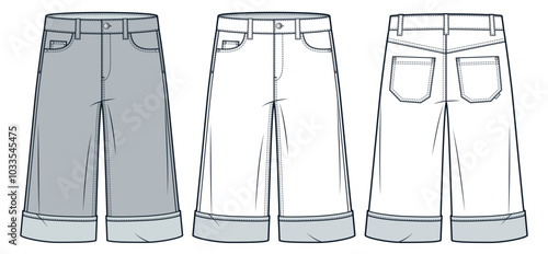 Bermuda Shorts technical fashion illustration. Denim Short Pants fashion flat technical drawing template, knee length, pockets, front and back view, white, grey, women, men, unisex CAD mockup set.