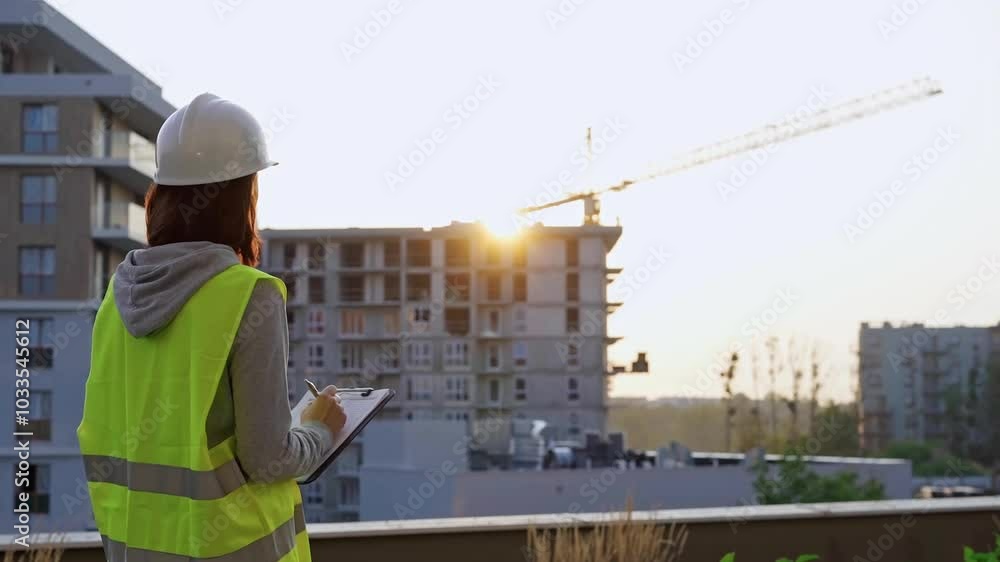 Construction female engineer taking notes and writing on clipboard while inspecting a building site at sunset Construction female engineer taking notes and writing on clipboard while inspecting a building site at sunset