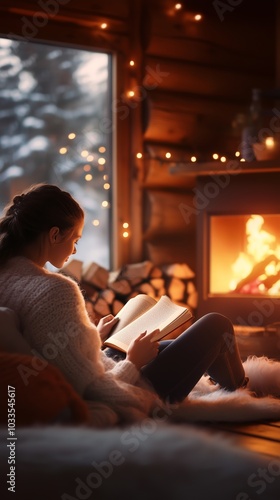 Cozy winter evening by the fireplace with a person reading a book in a rustic cabin decorated with soft lighting