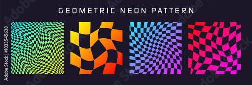 Groovy checkered pattern, colorful distorted tiled grid. Vintage wavy curved backdrop, distortion effect. Funky geometric chessboard texture, retro background in 90s style, y2k. Vector illustration
