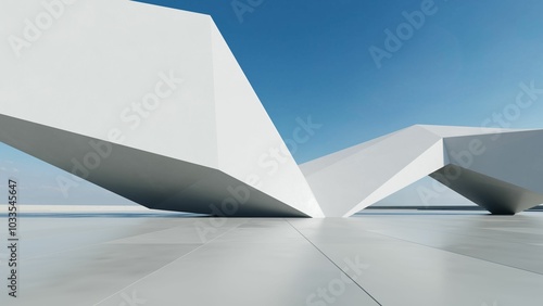 3d render of abstract modern concrete white architecture with empty cement floor, minimal exterior, car presentation background