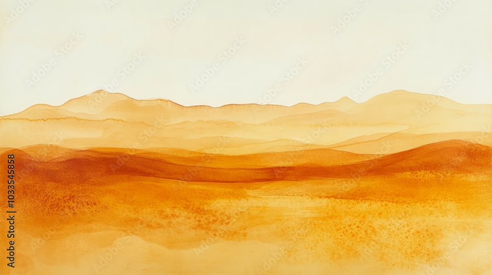 Fototapeta premium Golden mountain range. Abstract watercolor painting of a golden mountain range under a clear sky. The artwork evokes a sense of serenity and vastness.