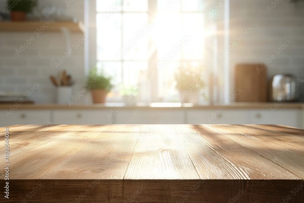 Empty wooden table in a kitchen with a blurred background of a window and sunlight shining through. Empty wooden table in a kitchen with a blurred background of a window and sunlight shining through.