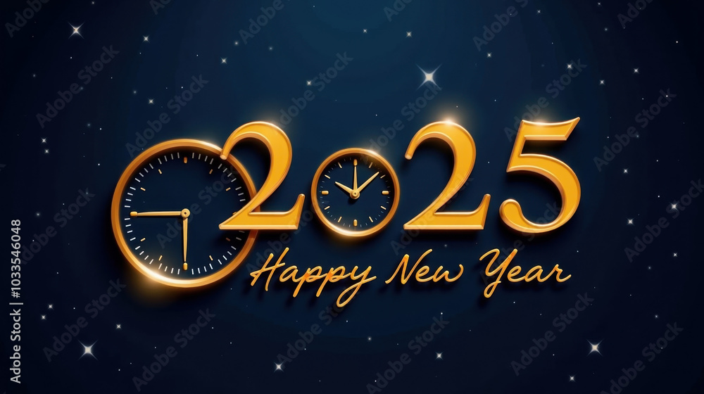 Christmas greeting card featuring golden numbers '2025' surrounded by New Year's decorations and a clock symbol against a dark background. Christmas greeting card featuring golden numbers '2025' surrounded by New Year's decorations and a clock symbol against a dark background.