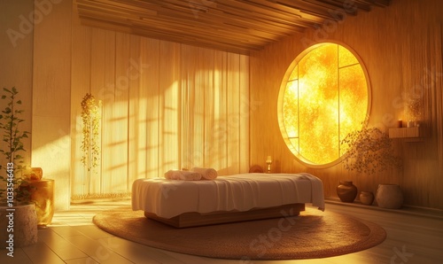 A relaxing spa room with a round window. photo