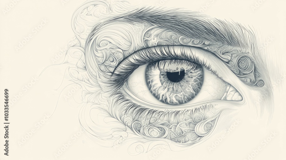 Obraz premium Detailed eye art. Black and white detailed drawing of a human eye with intricate swirling patterns.