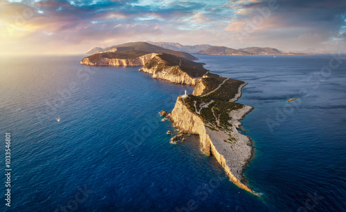 Beautiful aerial sunset view of the Cape Lefkatas and lighthouse on Lefkada island, Ionian Sea, Greece
