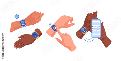 Smart watch set. Vector illustration depicting various hand gestures. Digital technology concept in flat design style. Vector illustration of a wristwatch. Physical activity.
