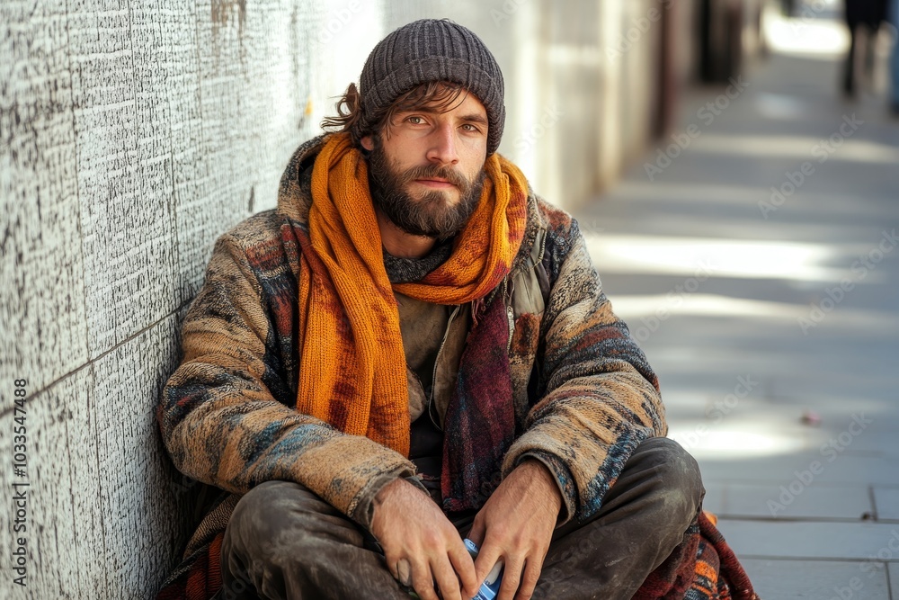 Homeless man sitting on the street in the shadow of the building and begging for help and money. Problems of big modern cities, Generative AI Homeless man sitting on the street in the shadow of the building and begging for help and money. Problems of big modern cities, Generative AI