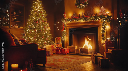 interior christmas magic glowing tree fireplace