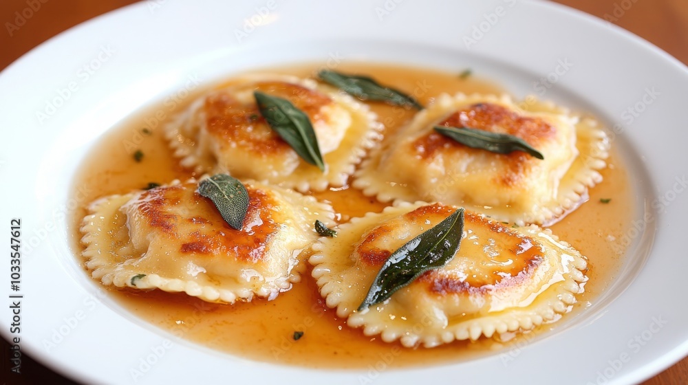 Creamy ravioli topped with crispy sage leaves, served in a rich, flavorful sauce on a white plate. Creamy ravioli topped with crispy sage leaves, served in a rich, flavorful sauce on a white plate.