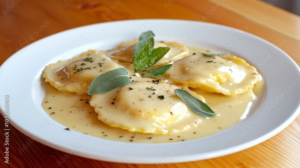 A plate of ravioli drizzled with a creamy sauce, garnished with fresh herbs, showcasing a delicious Italian dish. A plate of ravioli drizzled with a creamy sauce, garnished with fresh herbs, showcasing a delicious Italian dish.