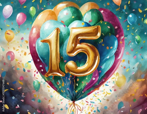 Balloon number 15, illustration for birthday or anniversary celebration, digital painting photo