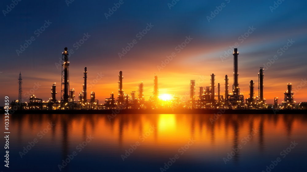 Refinery plant with steam rising, showcasing busy yet organized industrial scene at sunset. reflection on water adds serene touch to vibrant colors of sky
