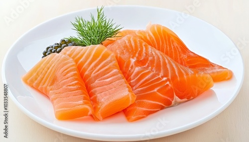 Fresh salmon fillets are neatly arranged on a white plate, garnished with green herbs, showcasing their vibrant orange color.