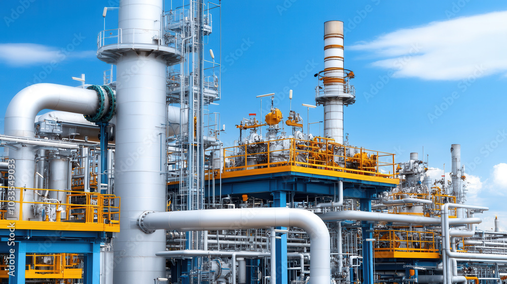 detailed view of modern refinery showcasing intricate fuel processing technology and large industrial structures under clear blue sky. scene conveys sense of innovation and efficiency in energy