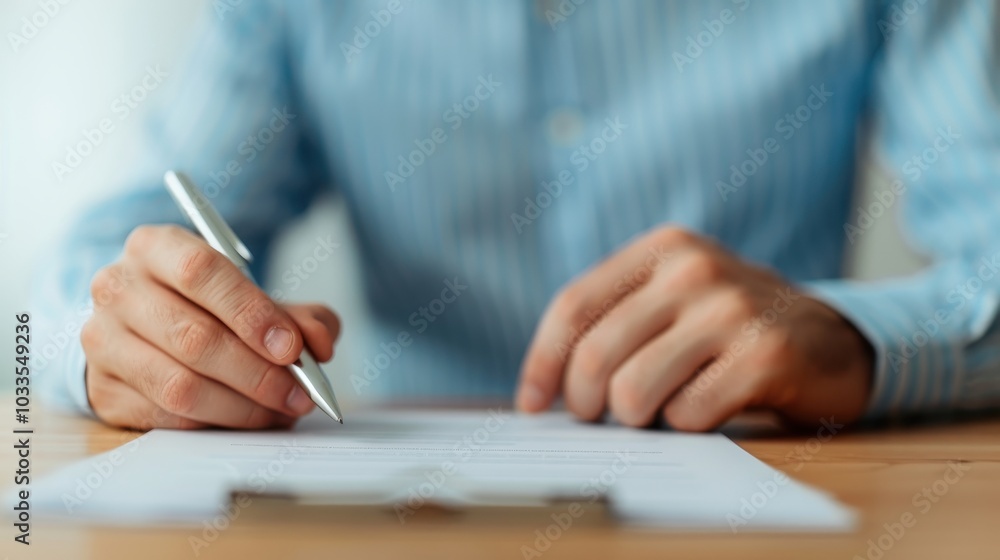 Close-up of a person writing on a document at a desk, representing business or education concept with focus on hands and pen. Close-up of a person writing on a document at a desk, representing business or education concept with focus on hands and pen.
